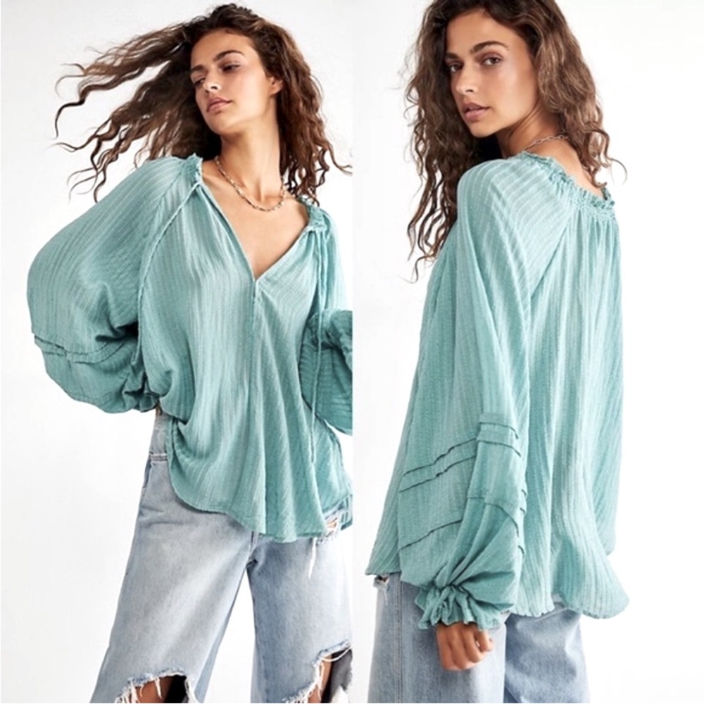 NEW FREE PEOPLE Blue/Green Split Neck Textured Long Sleeve Blouse NWT